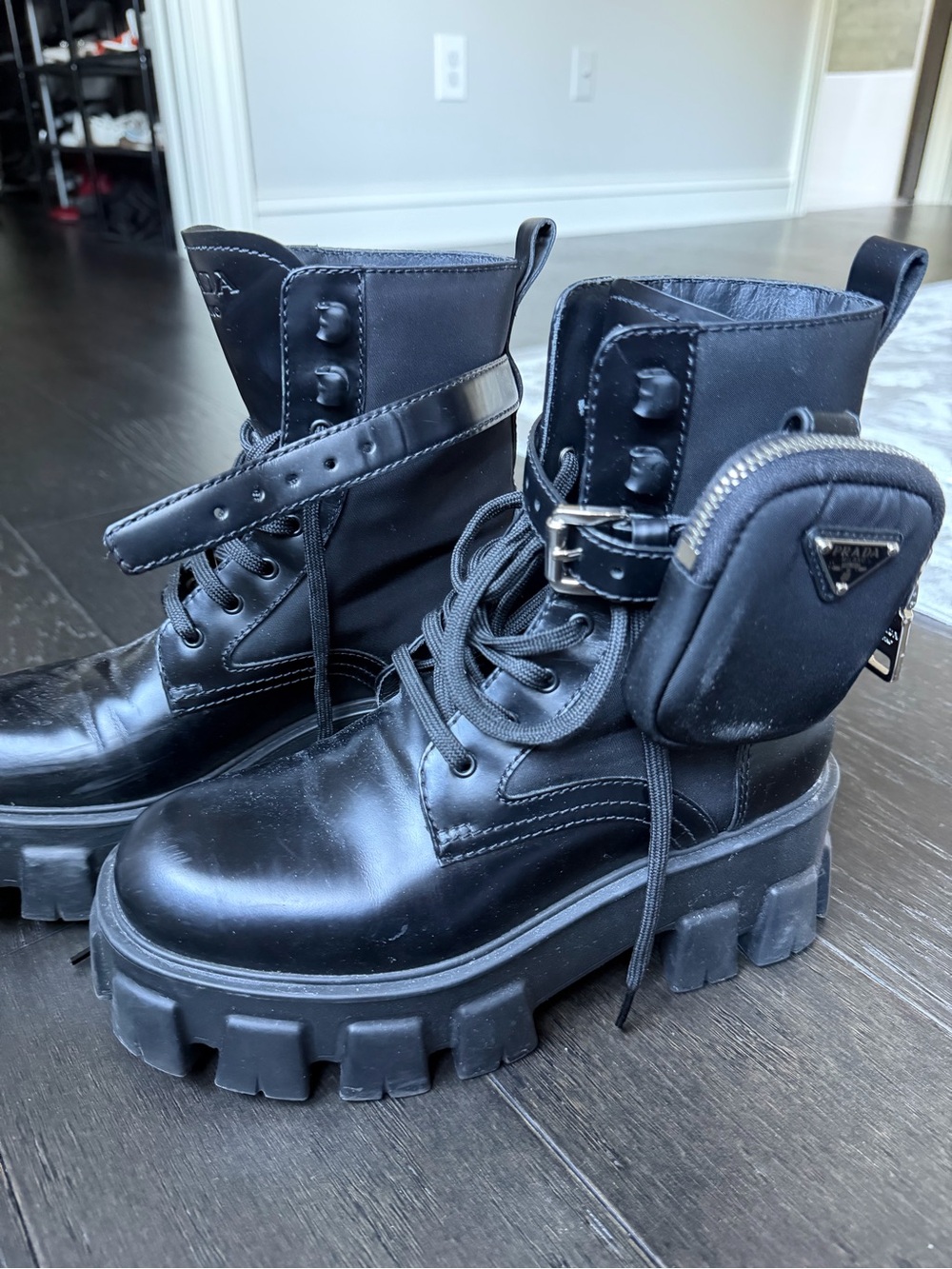 Prada Black Leather Re-Nylon boots with puch